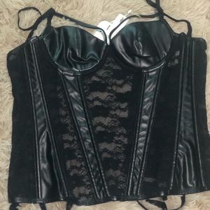 Women's Steampunk Gothic Black Lace Corset Bustier Faux Leather